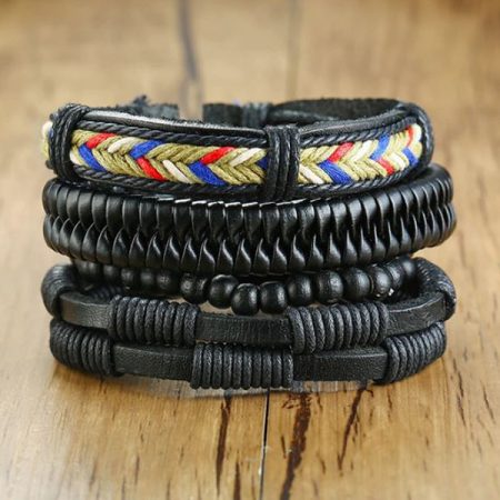 Bratara Vintage, Set multi-curele, Leather effect, Multicolor si Negru