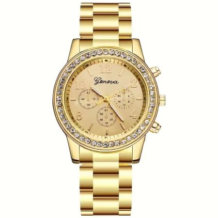 Ceas Classic Crystal, pentru Femei, Geneva, Cristale zirconiu, Quartz, Curea metalica, Auriu