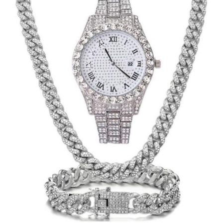 Set Cadou 3 Accesorii Cubaneze, Barbati, Cristale Zirconiu, Model Crystal Waterfall, Stainless-steel, Argintiu