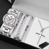 Set Cadou 3 Accesorii, Ceas + Bratara + Lant, pentru Barbati, Model Elegant Deyros, Stainless-steel, Argintiu si Alb