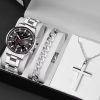 Set Cadou 3 Accesorii, Ceas + Bratara + Lant, pentru Barbati, Model Elegant Deyros, Stainless-steel, Argintiu si Negru