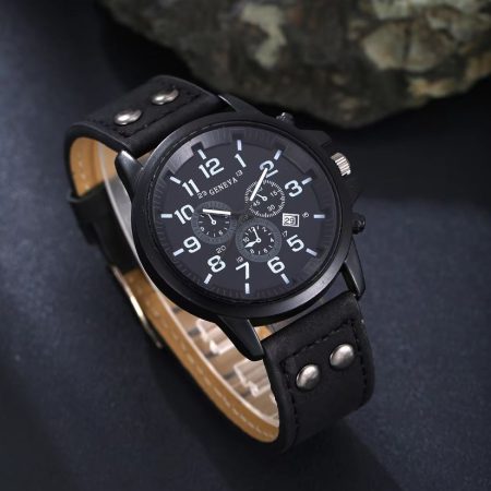 Set Cadou 4 Accesorii Barbati Ceas 3 Bratari Model Urban Geneva Leather look Negru 1