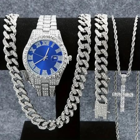 Set Cadou 4 Accesorii Cubaneze, Barbati, Ceas + Bratara + 2 Lanturi, Cristale Zirconiu, Model Crystal Cuban, Argintiu si Albastru
