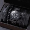 Set Cadou 4 Accesorii Casual, Barbati, Ceas + 3 Bratari, Model Urban Geneva, Leather look, Negru