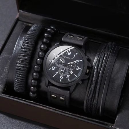Set Cadou 4 Accesorii Casual, Barbati, Ceas + 3 Bratari, Model Urban Geneva, Leather look, Negru