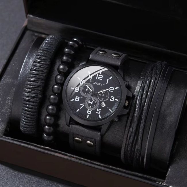 Set Cadou 4 Accesorii pentru Barbati Ceas 3 Bratari Model Urban Geneva Leather look Negru