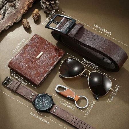 Set Cadou 5 Accesorii Ceas si Portofel Barbati Aspect Clasic Business Leather Look Model Geneva Maro 1