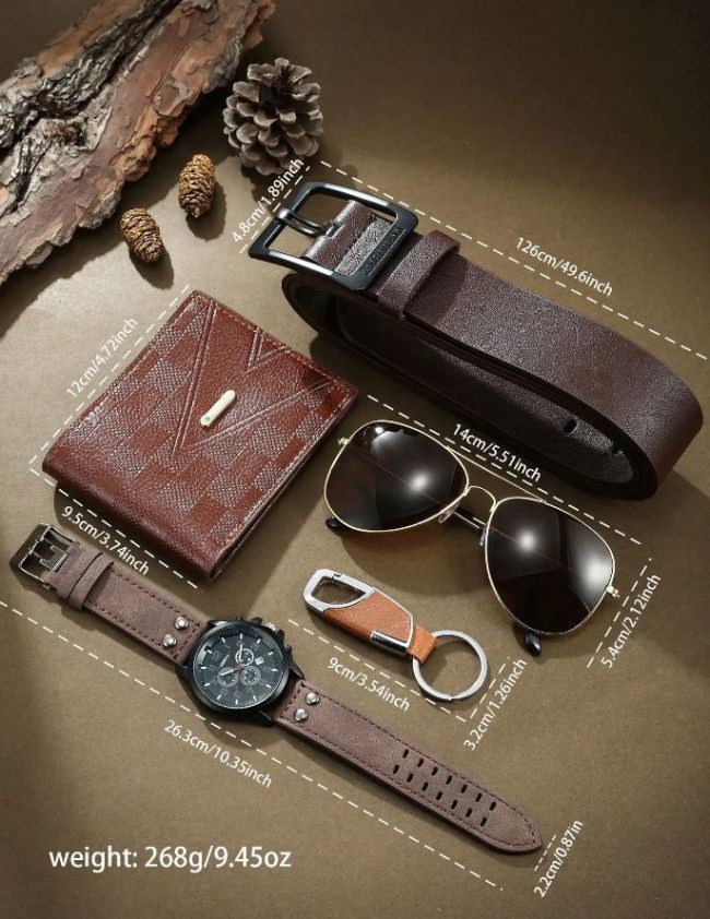 Set Cadou 5 Accesorii Ceas si Portofel Barbati Aspect Clasic Business Leather Look Model Geneva Maro 1
