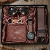 Set Cadou 5 Accesorii, Barbati, Ceas si Portofel, Aspect Clasic Business, Model Classic Geneva, Leather look, Maro