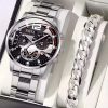 Set Cadou cu Ceas si Bratara, pentru Barbati, Model Business Geneva, Stainless-steel, Argintiu