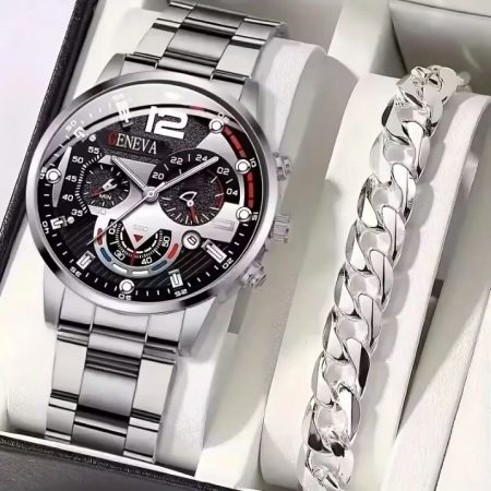 Set Cadou cu Ceas si Bratara, pentru Barbati, Model Business Geneva, Stainless-steel, Argintiu
