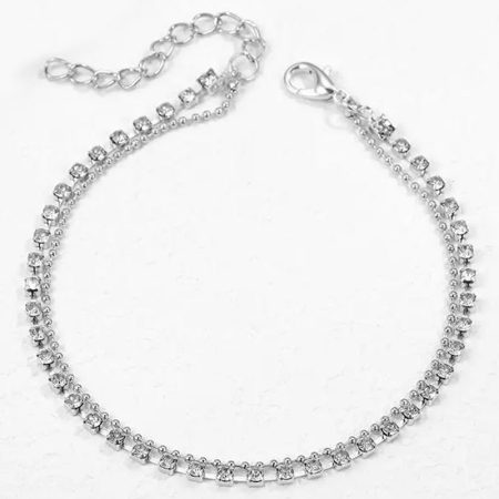 Bratara Glamour pentru Picior, 2 Straturi, Cheita ajustabila, Strasuri, Metal, Argintiu
