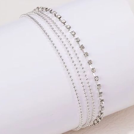 Bratara Glamour pentru Picior, 4 Straturi, Cheita ajustabila, Strasuri, Metal, Argintiu