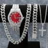 Set Cadou 4 Accesorii Cubaneze, Barbati, Ceas + Bratara + 2 Lanturi, Cristale Zirconiu, Model Crystal Cuban, Argintiu si Rosu