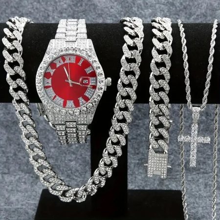 Set Cadou 4 Accesorii Cubaneze, Barbati, Ceas + Bratara + 2 Lanturi, Cristale Zirconiu, Model Crystal Cuban, Argintiu si Rosu