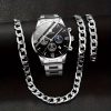 Set Cadou Shaarms, 3 Accesorii cu Model Cubanez, Ceas + Lant + Bratara, Metalic, Argintiu
