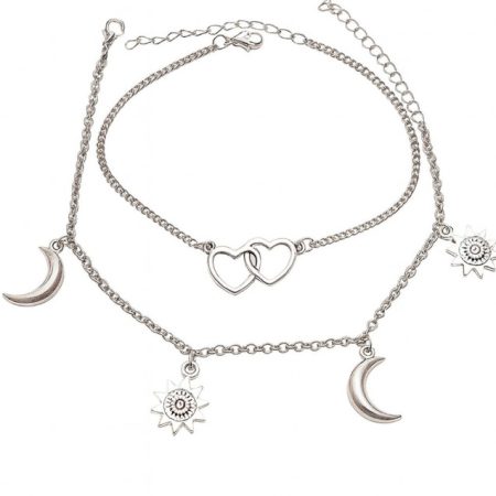 Set 2 Brățări de Picior Femei, Charm Lună, Soare și Inimi, Reglabil, Argintiu,