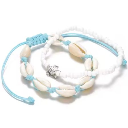 Set Accesorii Glezna Femei, Scoici și Șnur, Ideal pentru Plajă și Vacanță, Alb Albastru