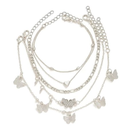 Set Brățări de Picior Argintii, Inimă și Fluturi, 4 Piese, Stil Glam Elegant, Argintiu