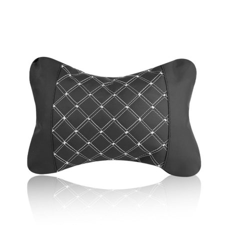 Perna Tetiera Auto cu Cusatura Alba, Super Confortabil, Piele Ecologica, Negru/Alb
