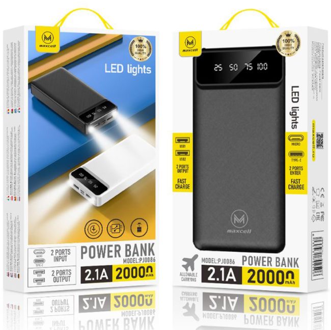 Baterie Maxcell PJ0086 Capacitate 20.000mAh Dual USB Lanterna LED Negru
