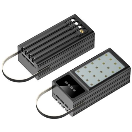 Baterie Maxcell PJ0099, Multiport si Cabluri integrate, Capacitate 100.000mAh, Lanterna 24 Led-uri, Negru