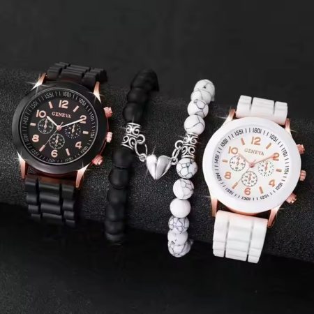 Ceasuri Pentru El si Ea Design Elegant Quartz Analogic Set 4 Piese Negru Alb 1