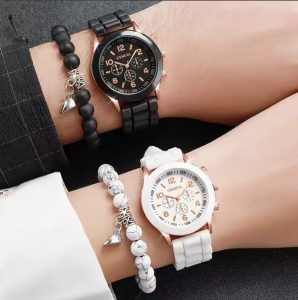 Ceasuri Pentru El si Ea Design Elegant Quartz Analogic Set 4 Piese Negru Alb 2