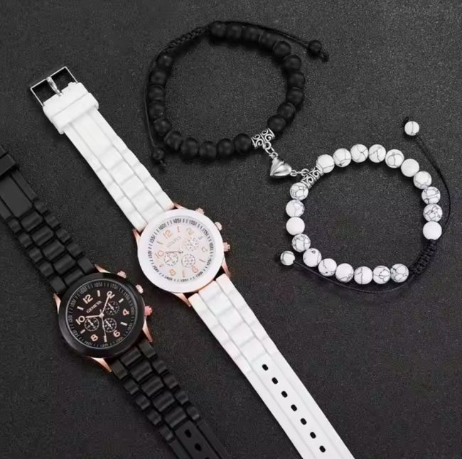 Ceasuri Pentru El si Ea Design Elegant Quartz Analogic Set 4 Piese Negru Alb 3