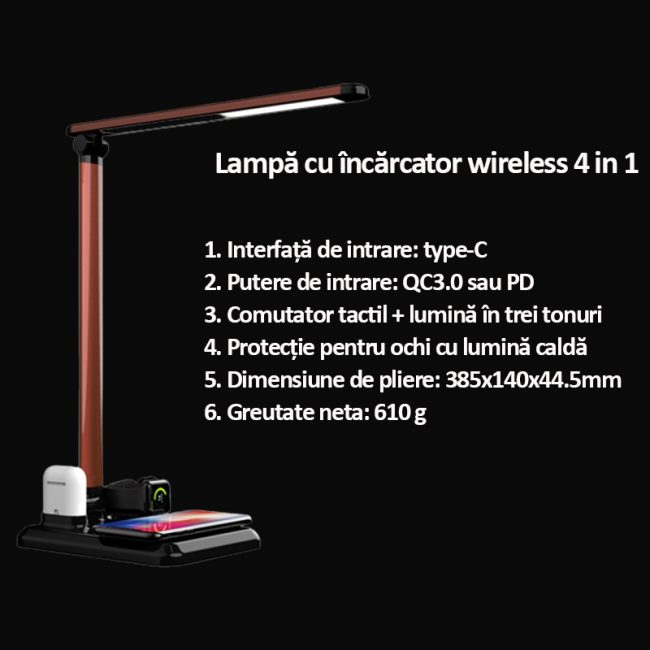 Incarcator Lampa 4 in 1 Model X 1 Wireless charging compatibil Apple Watch Airpods Telefon
