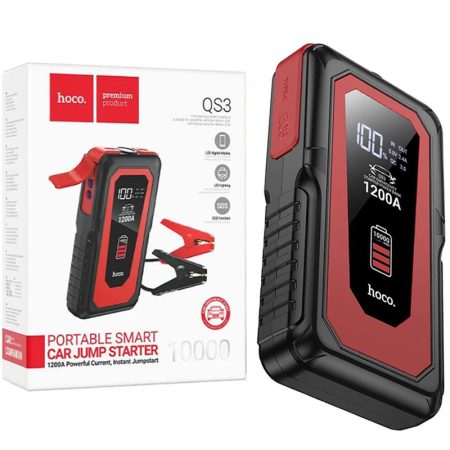 Baterie Hoco QS3, Cabluri Auto Jump Starter, Powerbank 10.000mAh, Dual USB + Type-C, Lanterna, Negru-Rosu