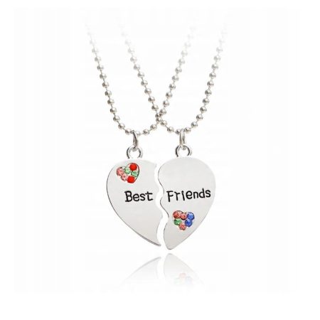 Bijuterii Best Friends, Pandantiv Inimă, Curcubeu Pietricele, 2 Coliere, Argintiu