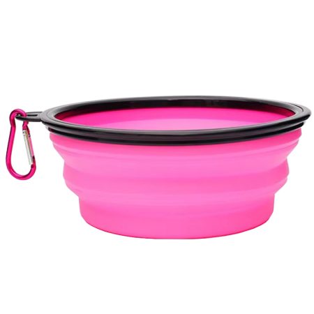 Bol Pliabil pentru Animale, Capacitate 350ML, Carabina integrata, Silicon, Roz