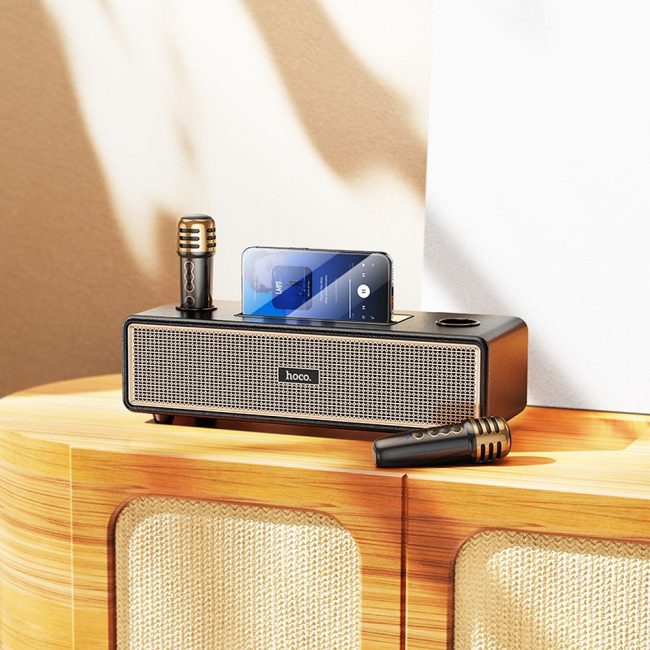 boxa bluetooth 2 microfoane wireless hoco bs63 ideal karaoke negru auriu 3