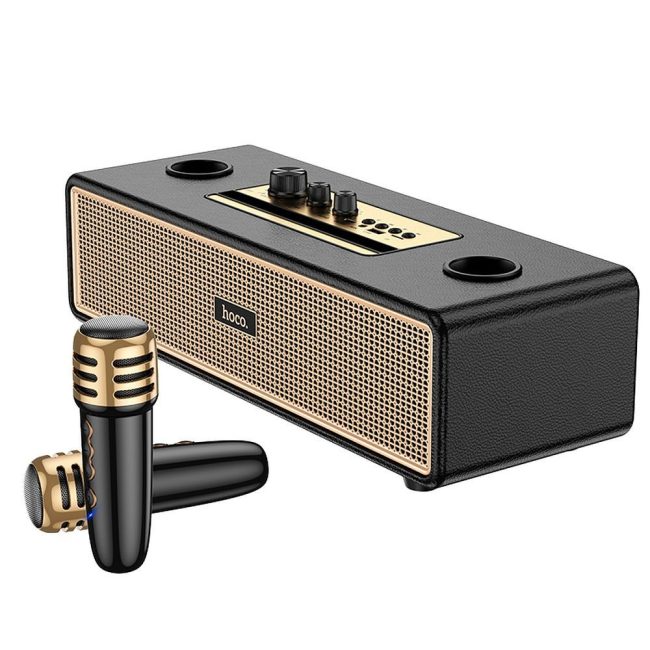 boxa bluetooth 2 microfoane wireless hoco bs63 ideal karaoke negru auriu 5