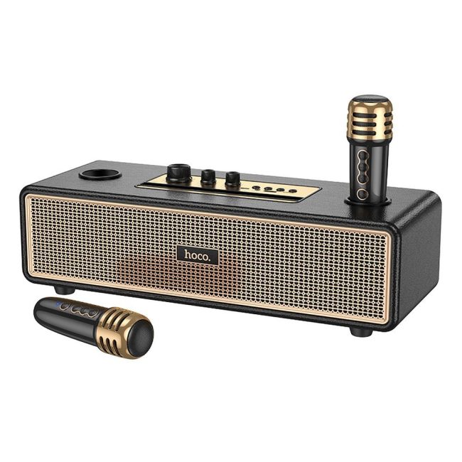 boxa bluetooth 2 microfoane wireless hoco bs63 ideal karaoke negru auriu 9