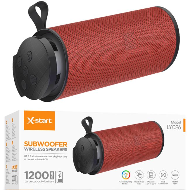 boxa bluetooth x start ly026 wireless speaker capacitate 1200mah autonomie 3 ore lumina rgb rosu 2