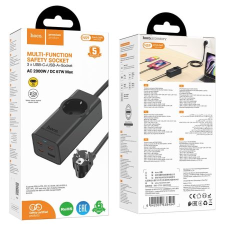 cablu prelungitor cu incarcator integrat usb 3x type c qc30 3a 67w ns9 2m negru