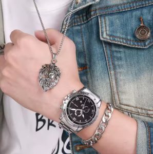 ceas barbati otel inoxidabil bratara lant lantisor leu stil masculin argintiu 34