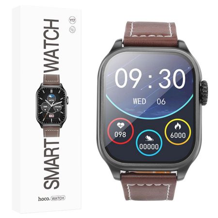 Ceas Smart HOCO Y17, Baterie 300mAh, Functie Apel Bluetooth, Aplicatii multiple, Ecran 2.03 inch, Curea Leather look, Maro