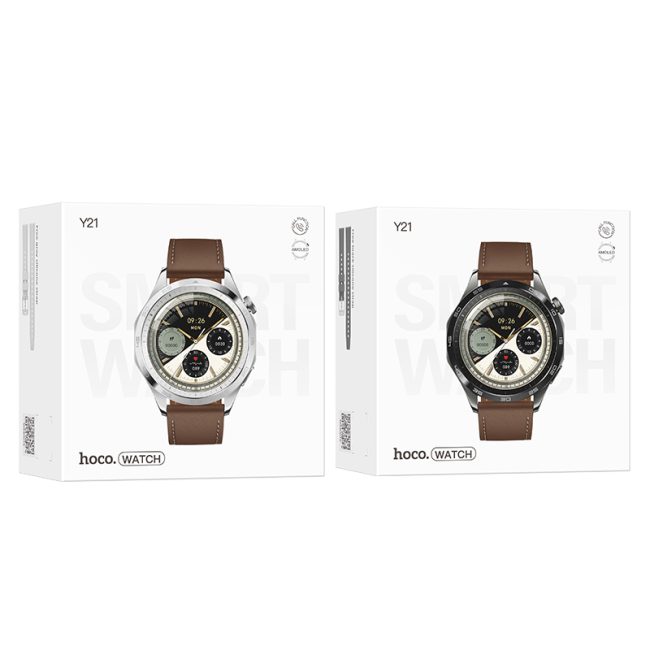 ceas smart hoco y21 baterie 250mah apeluri bluetooth ecran 143 inch curea leather look maro argintiu 2