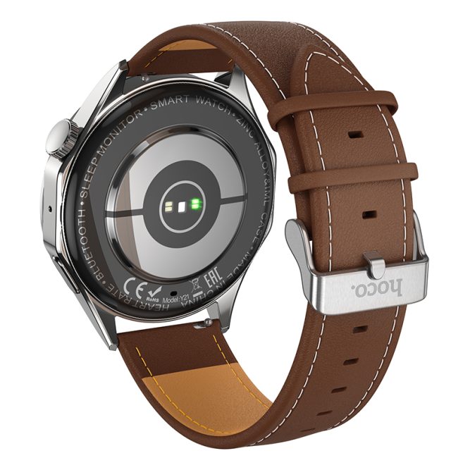 ceas smart hoco y21 baterie 250mah apeluri bluetooth ecran 143 inch curea leather look maro argintiu 4