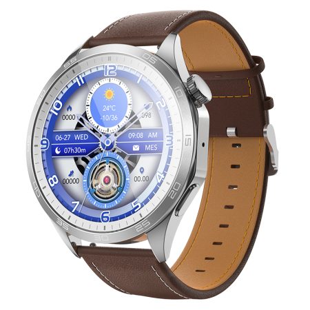 Ceas Smart HOCO Y21, Baterie 250mAh, Apeluri Bluetooth, Ecran 1.43 inch, Curea Leather look, Maro-Argintiu