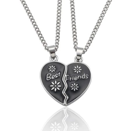 Coliere Inimă Best Friends, Design Floral, Cadou Pentru Două Prietene, Argintiu Negru