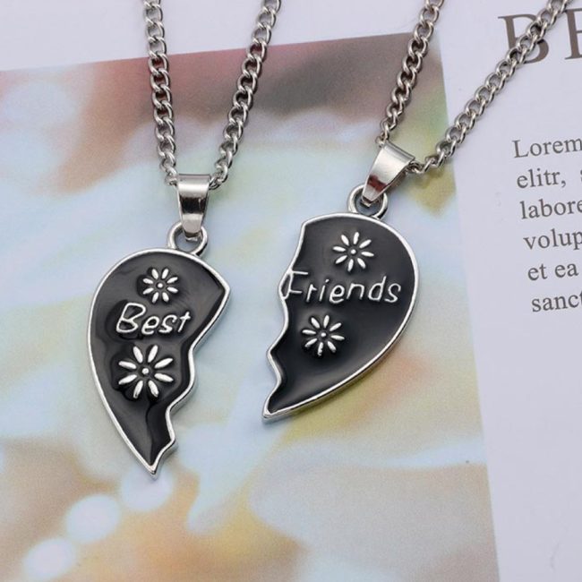 coliere inima best friends design floral cadou pentru doua prietene argintiu negru 7