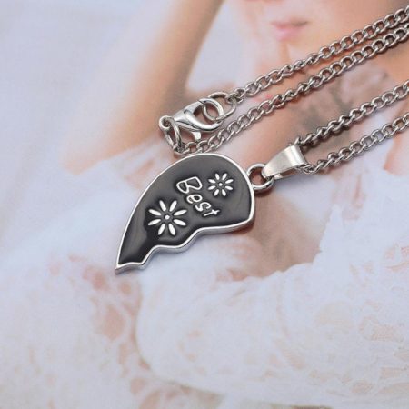 coliere inima best friends design floral cadou pentru doua prietene argintiu negru 8