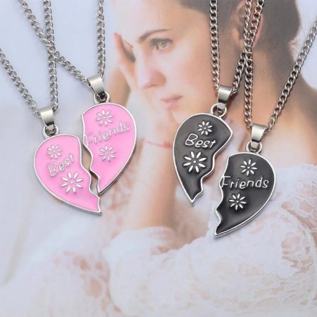 coliere inima best friends design floral cadou pentru doua prietene argintiu negru 9
