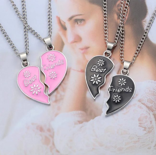 coliere inima best friends design floral cadou pentru doua prietene argintiu negru 9