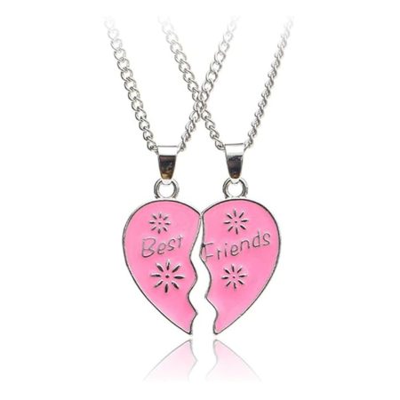 Coliere Inimă Best Friends, Design Floral, Cadou Pentru Două Prietene, Argintiu Roz