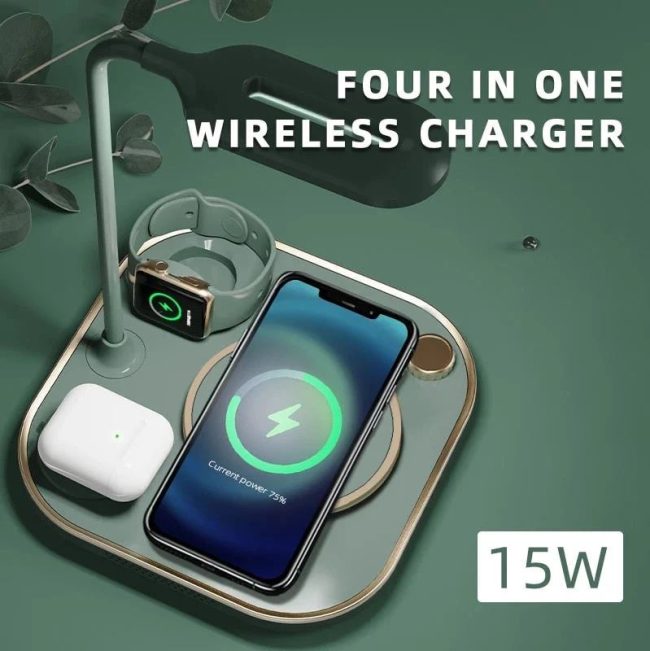lampa cu incarcare wireless 4 in 1 model x3 g n25 ajustare luminozitate compatibila apple verde 1